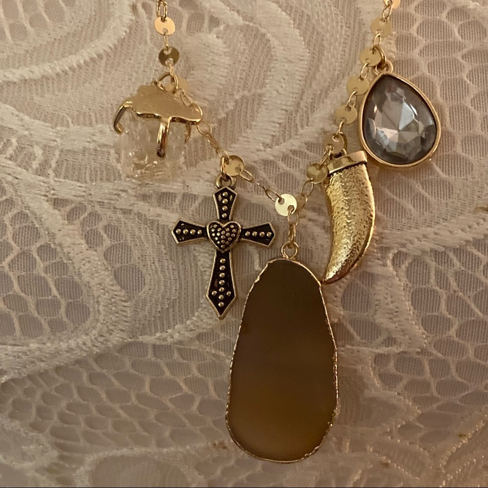 Cow horn, cross charm gold tone necklace unique costume jewelry